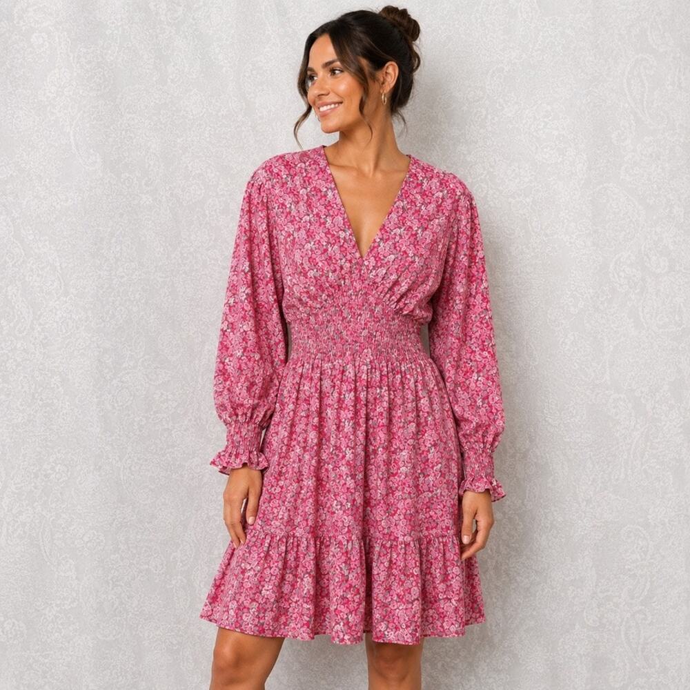 Women’s Pink Floral Midi Dress Long Sleeve Smocked Waist Boho Romantic